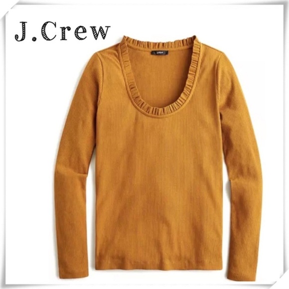 J.CREW Ribbed Ruffle Neck Long-Sleeve Shirt in Mustard Yellow - Picture 1 of 7